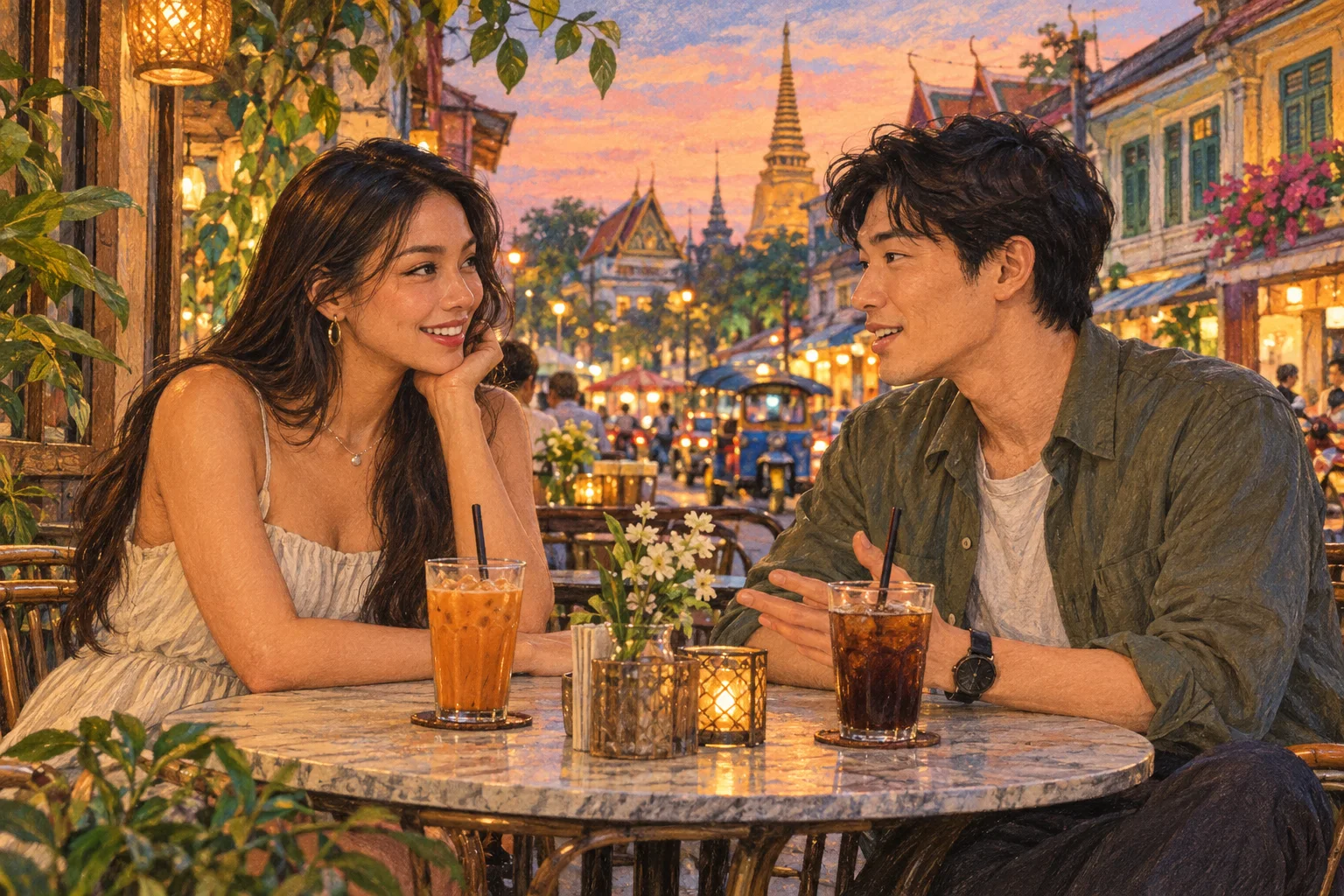ผู้ใหญ่สองคนกำลังคุยกันในคาเฟ่กรุงเทพฯ ยามเย็น ภาพวาดบุคคลสมมติจาก AI